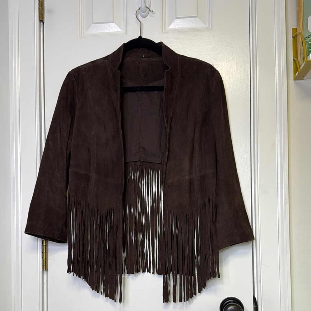 Brown Faux Suede Fringe Open-Front Jacket NWOT